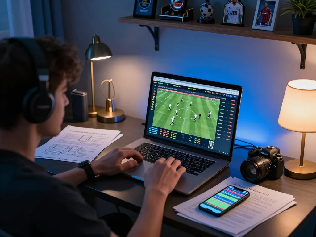 Engaging with keobongda for live betting on upcoming football matches using a laptop.