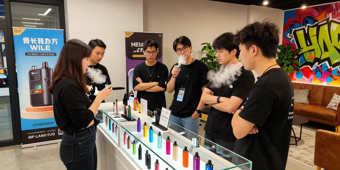 People discussing a new 電子菸主機 in a vibrant vape shop, showcasing technology and community.