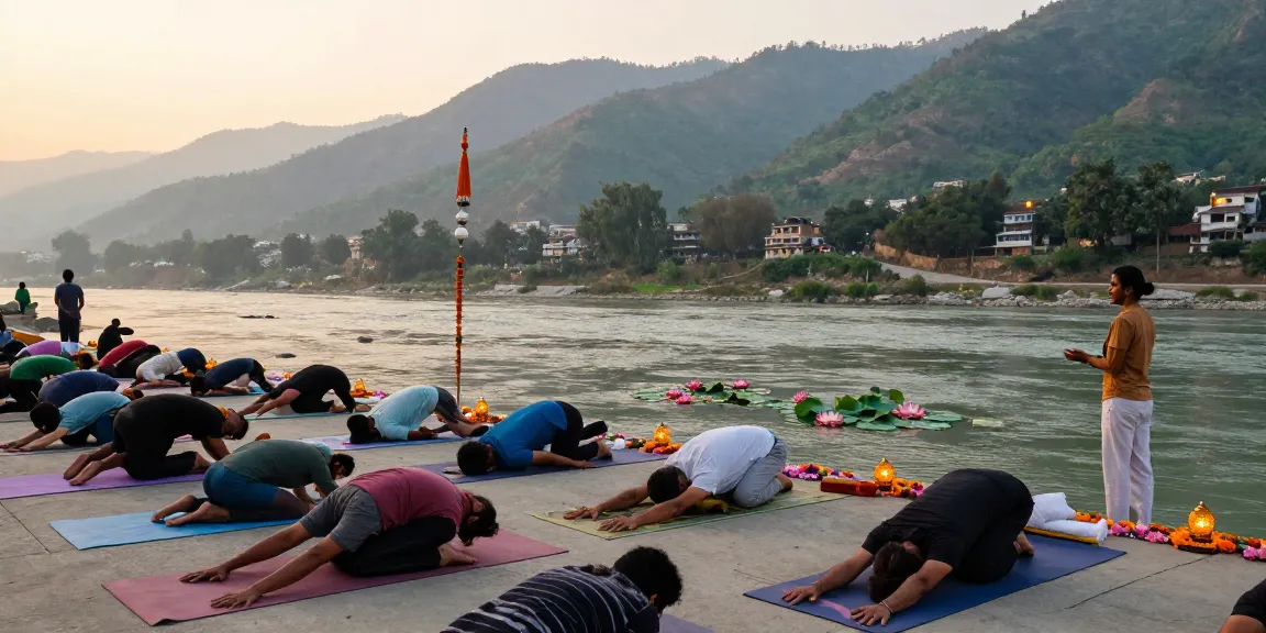 Group practicing the best yoga teacher training in Rishikesh India by the Ganges River at sunset, showcasing tranquility and community.