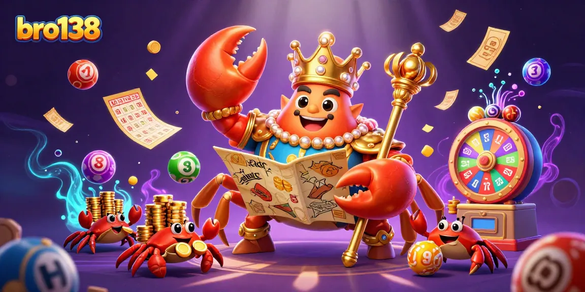 Engage with bro138's vibrant 3D cartoon lottery scene filled with prizes and a golden crab emperor.