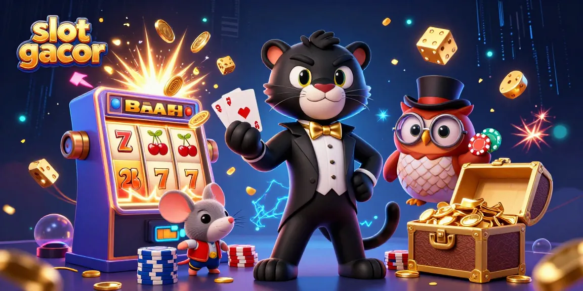 Engage with slot gacor action in a vibrant casino scene with cartoon characters dealing cards and jackpot explosions.