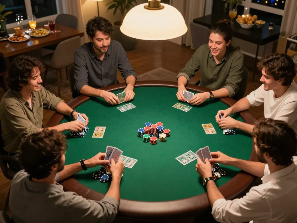 Players engaging in an exciting poker game at home, showcasing the camaraderie central to the 789win experience.