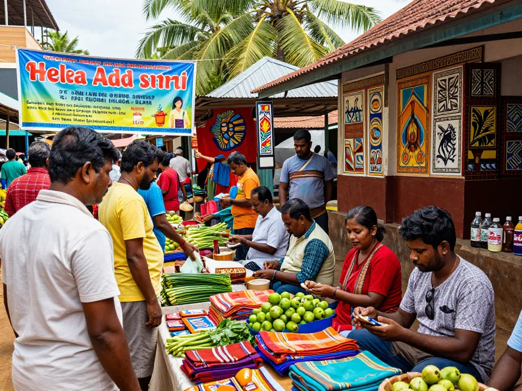 Shopping at a vibrant marketplace showcasing Hela Add services and local products in Sri Lanka.