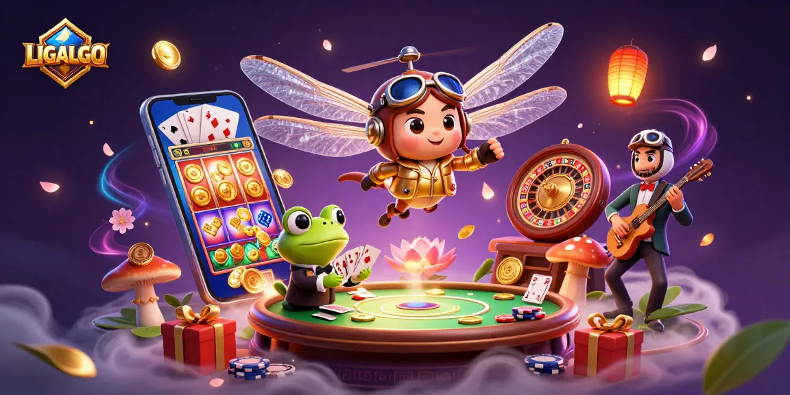 LIGALGO brings excitement to players as the dragonfly pilot and frog croupier engage in casino fun.
