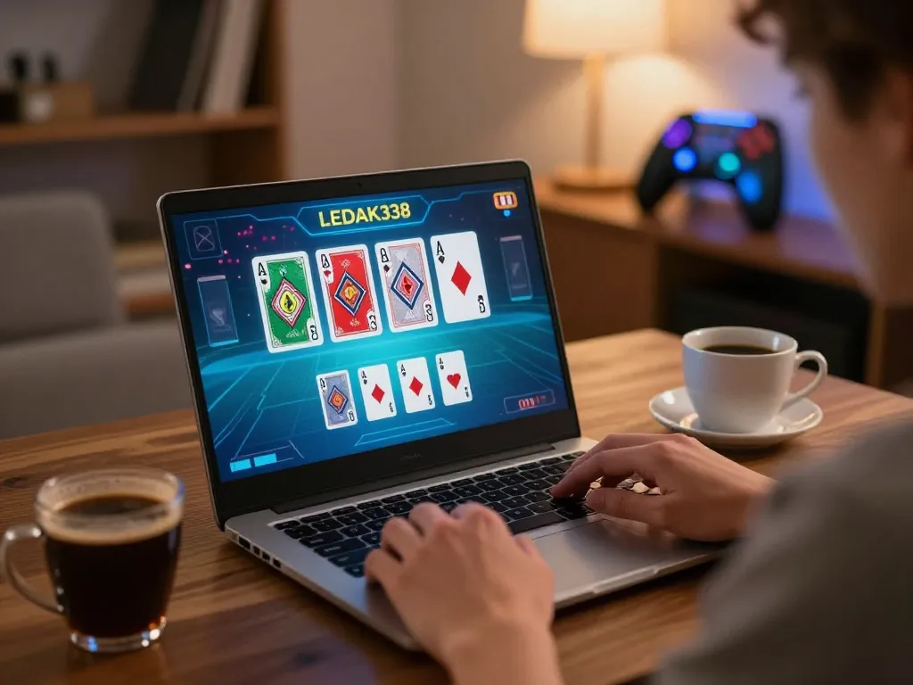 Engaging gameplay at LEDAK338 online casino featuring blackjack on a laptop in a cozy setting.