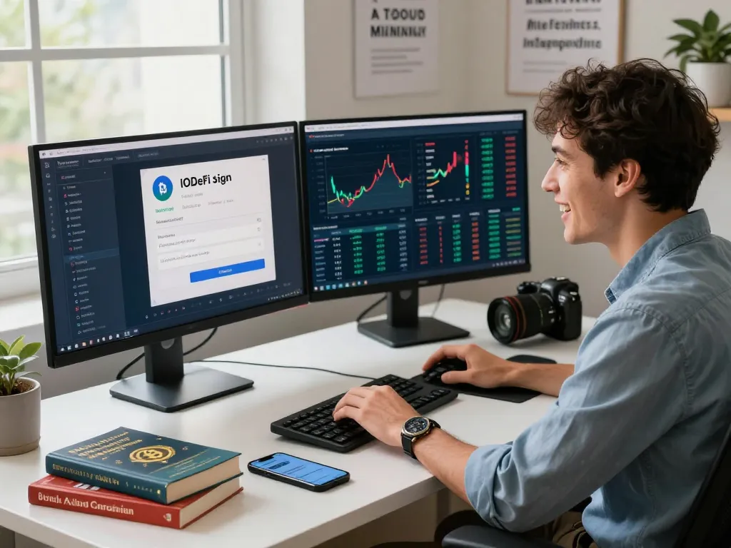 IODeFi sign up interface displayed on multiple monitors in a vibrant home office, showcasing cryptocurrency market analytics and financial independence.