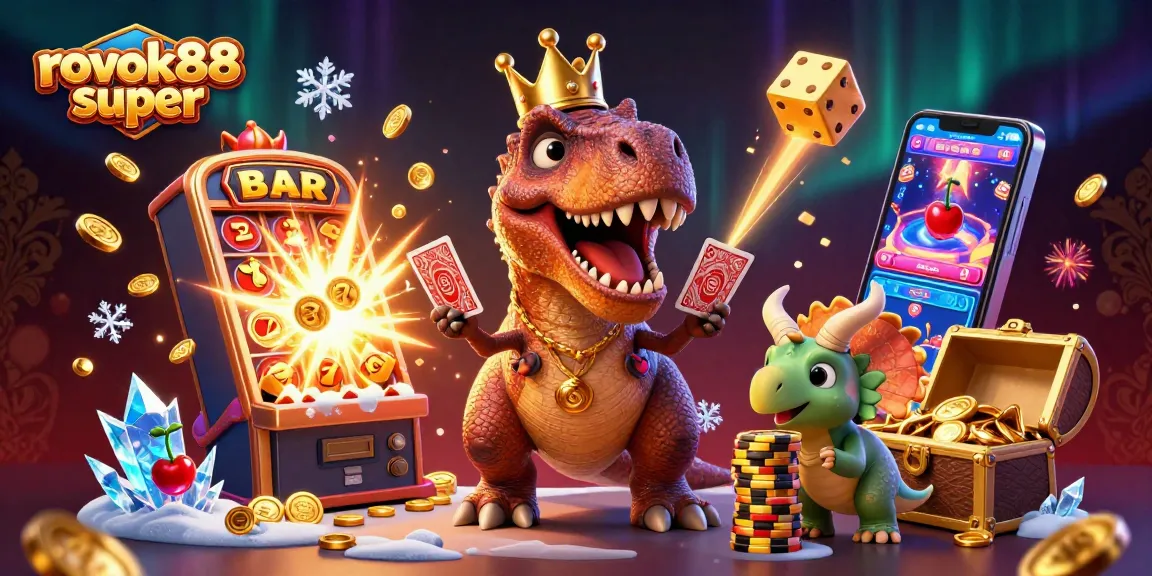 Engage with the exciting world of rokok88 super as a cartoon T-Rex shuffles cards amidst dazzling casino elements.