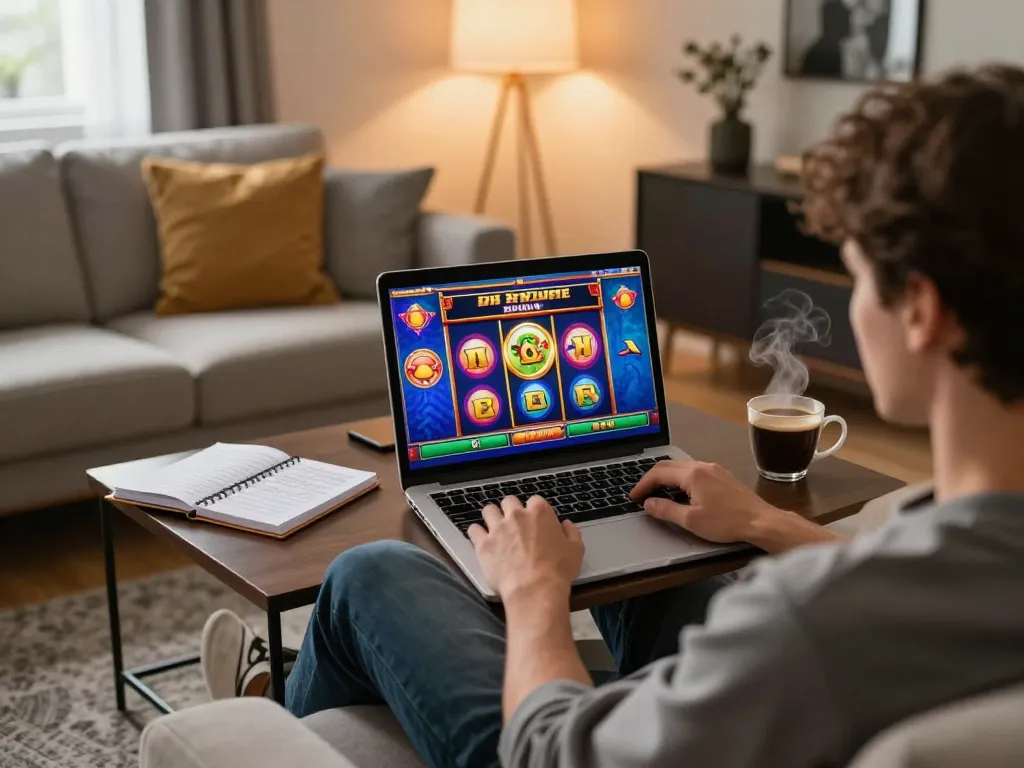 Permainan menarik pada slot online dengan aneka4d login terlihat di layar, suasana rumah yang nyaman meningkatkan pengalaman pengguna.