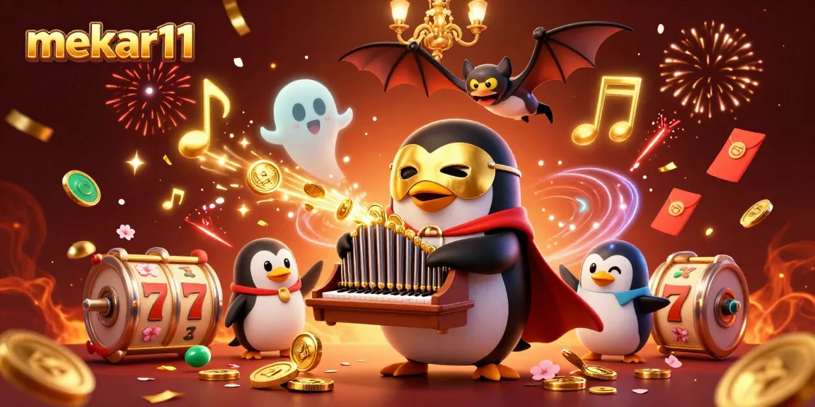 Mekar11 spins luck with a cartoon penguin at a slot machine, embodying fun and excitement in online gaming.