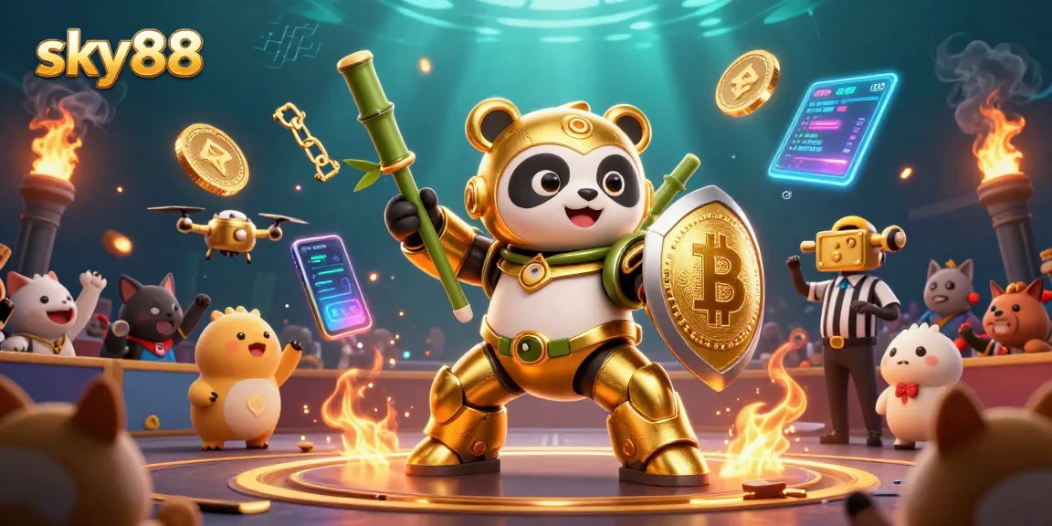 Engage in exciting gameplay at sky88 with dynamic scenes including crypto coins and vibrant casino elements.