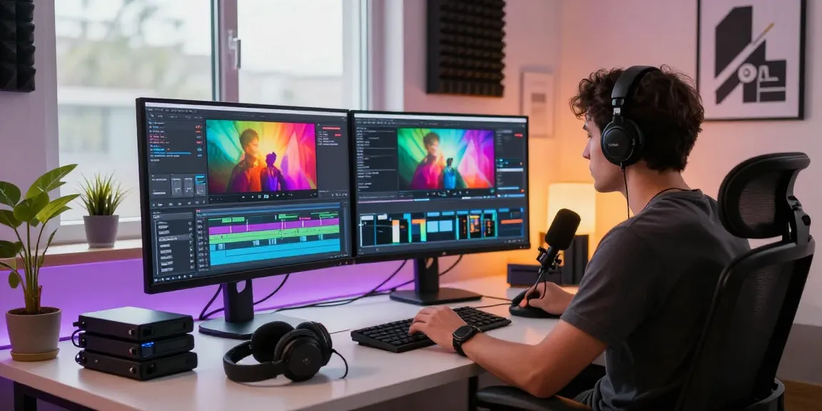 Professional video editor generating ai video prompts in a high-tech studio.
