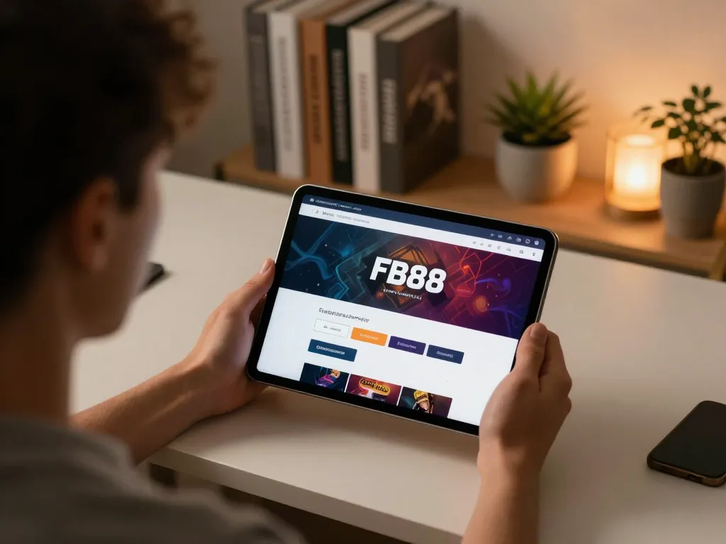 Đăng Nhập FB88 on tablet in a stylish home gaming setup, showcasing comfortable online gaming environment.