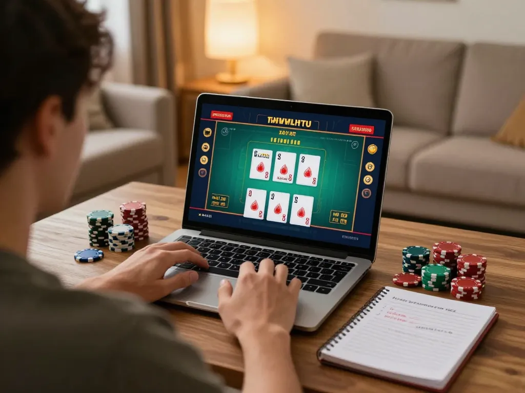 Onbet player engaging in online casino game at home with cards displayed on laptop, showcasing responsible gaming.