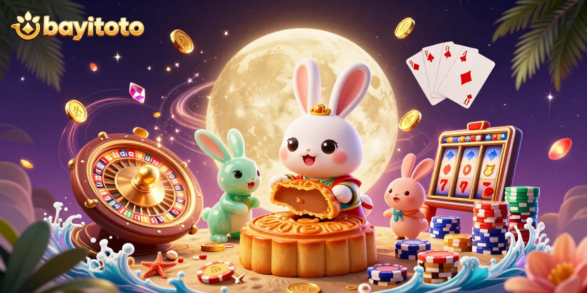 Experience excitement with bayitoto, a vibrant 3D illustration showcasing a moon rabbit surrounded by casino elements.