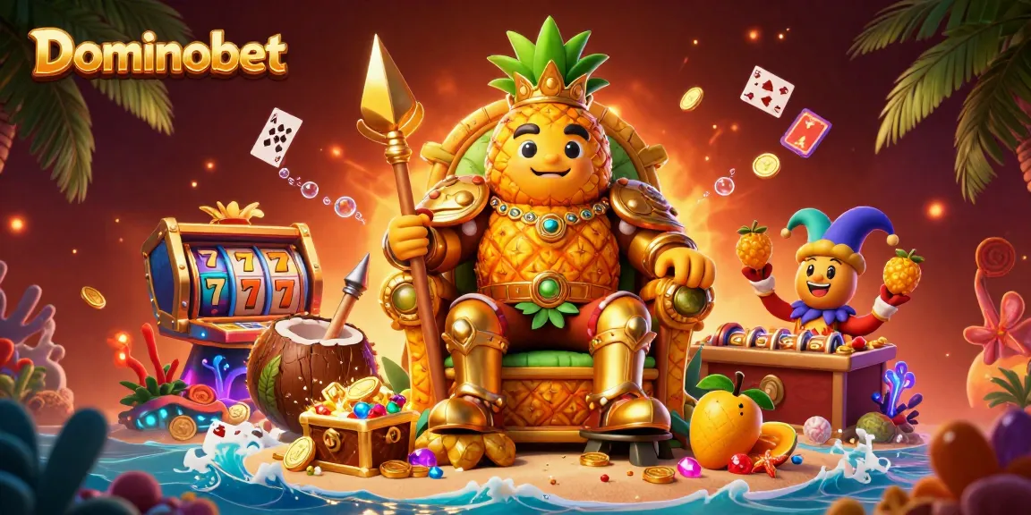 Experience thrilling wins at Dominobet with a vivid beach casino scene featuring vibrant characters and slot symbolism.
