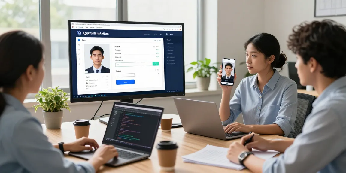 Team implementing an age verification system with biometric technology, ensuring compliance and user privacy.