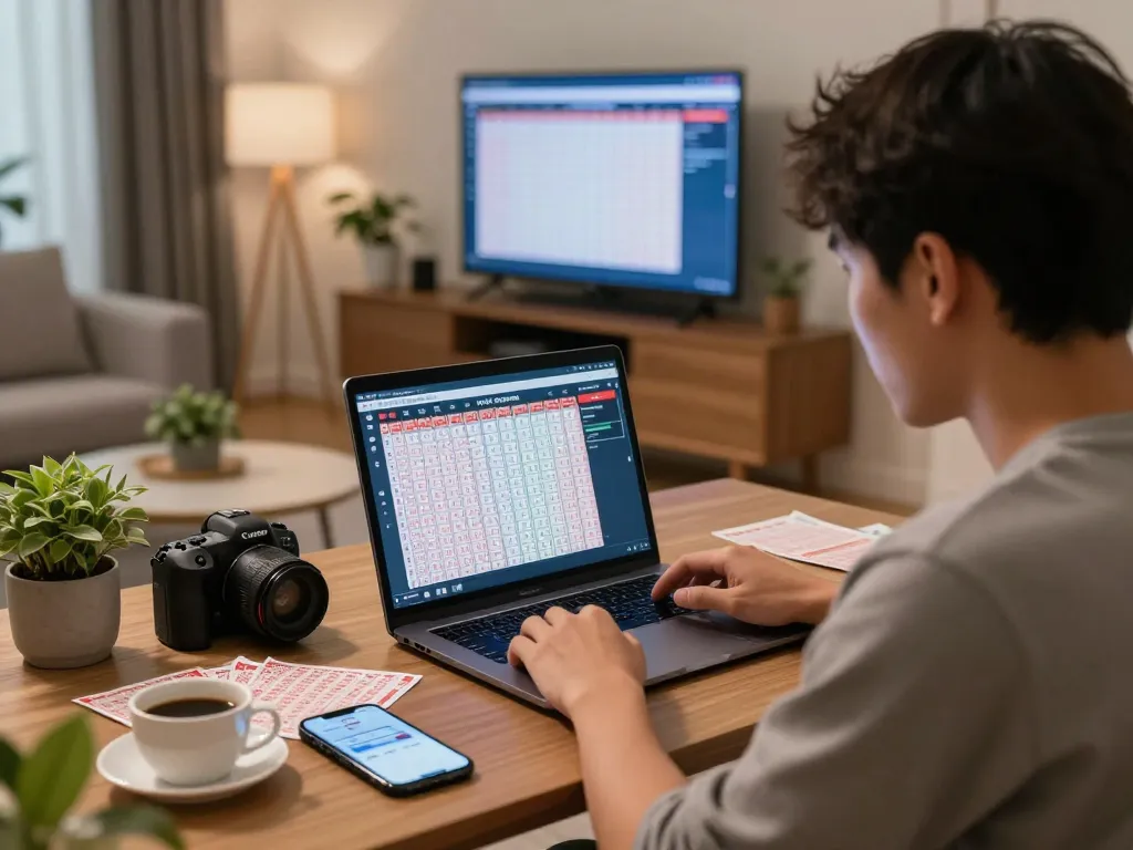 Player checking Data HK results online in a cozy living room with lottery tickets and a laptop.