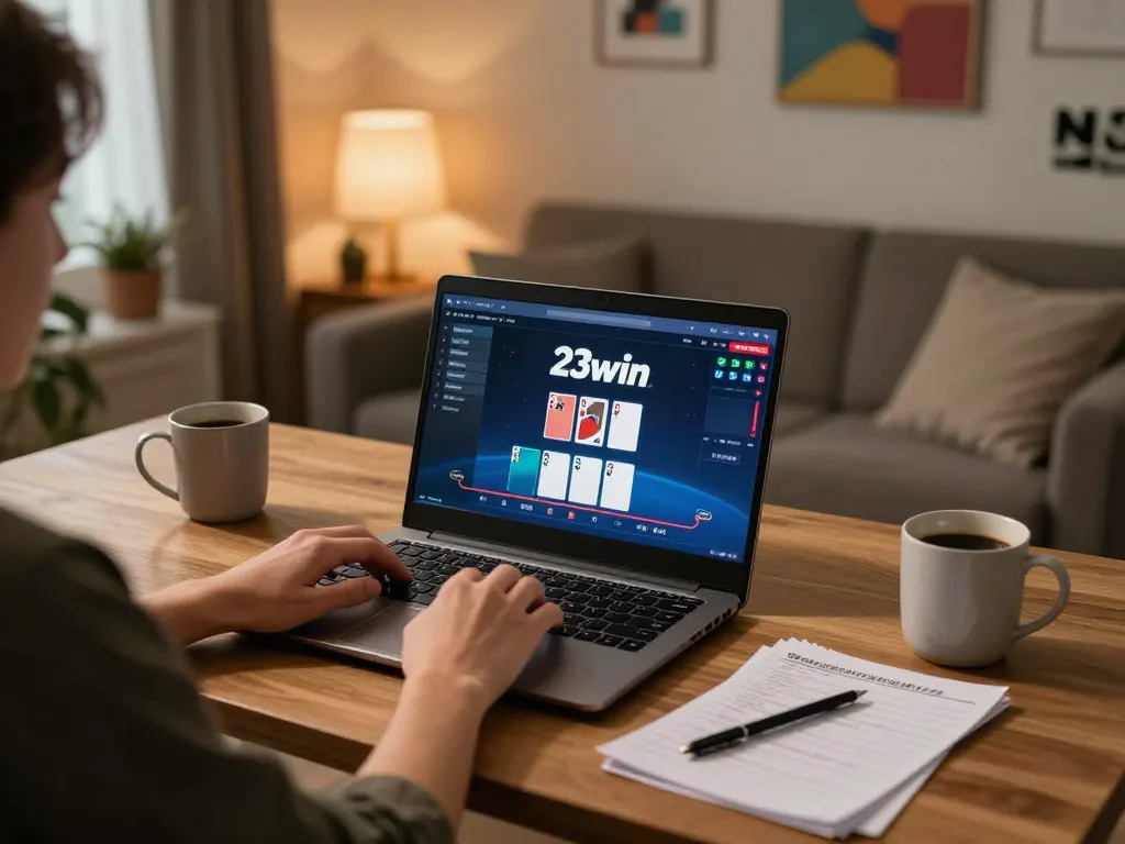 Engaging with 23win's online casino poker interface at home with cozy atmosphere