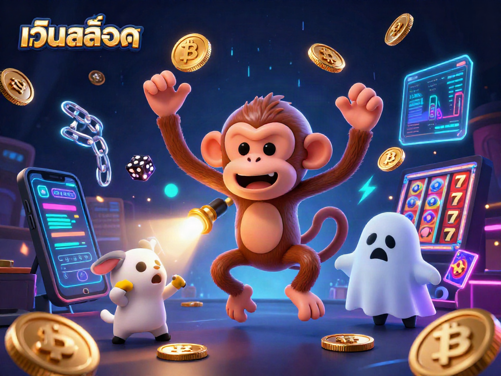 Experience เว็บสล็อต with an exciting poltergeist monkey and ghost-hunter puppy in a bustling haunted casino.