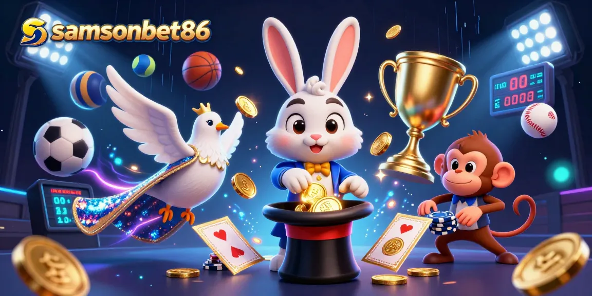 Engage with samsonbet86's exciting casino scene, featuring a magician rabbit and sports elements.