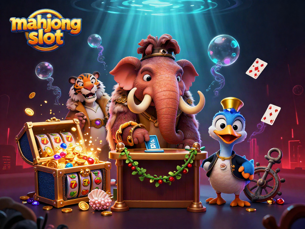 Experience the thrilling mahjong slot with vibrant characters and dynamic gaming elements in a lively casino scene.