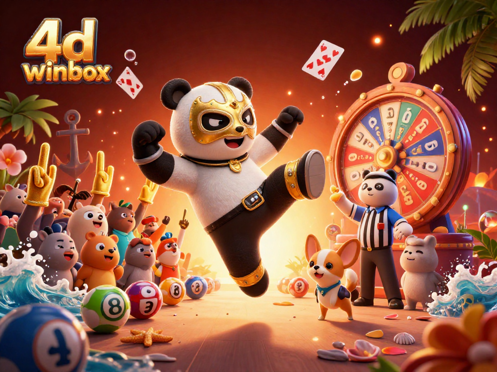 Exciting 4D Winbox lottery illustration with a panda wrestler and chihuahua referee celebrating amidst lively animal fans.