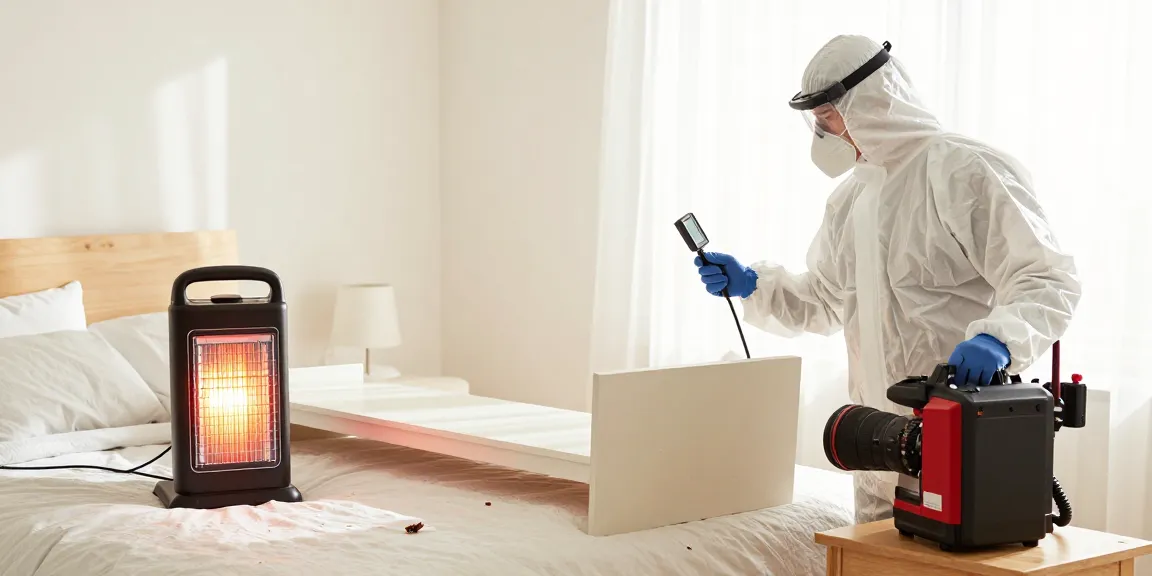 Effective bed bug heat treatment in Milwaukee bedroom with technician monitoring temperature.