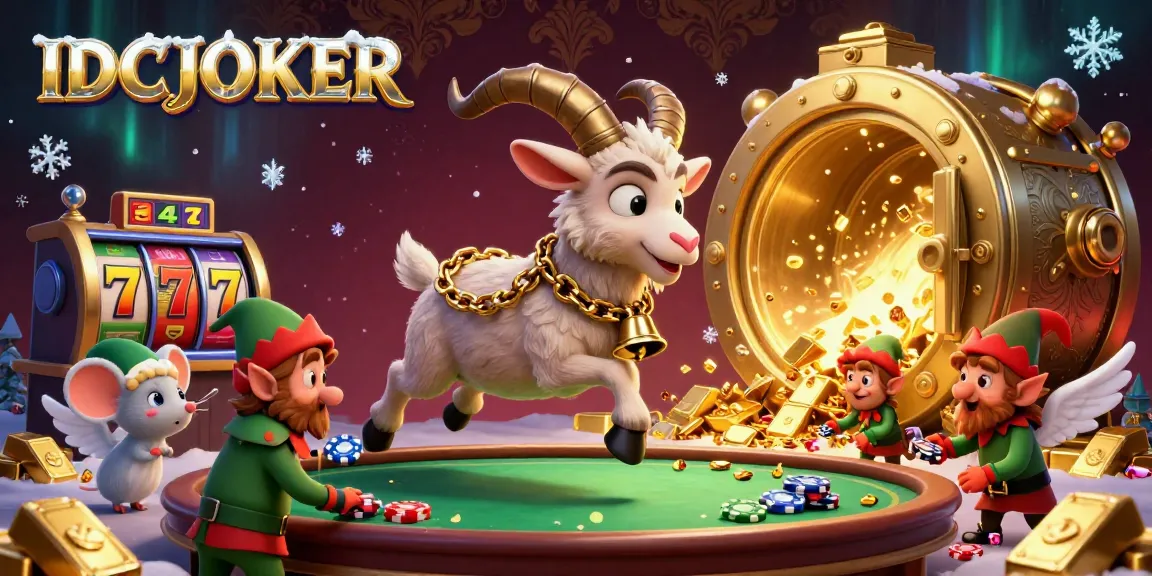 IDCJOKER reveals a festive casino scene with a Krampus goat, angels, and elf gremlins amidst lively slot elements.