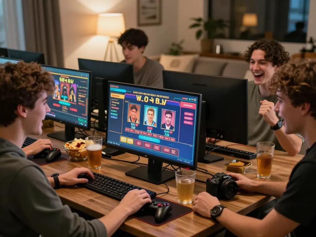 Group of friends enjoying MM88 online casino experience in a lively setting