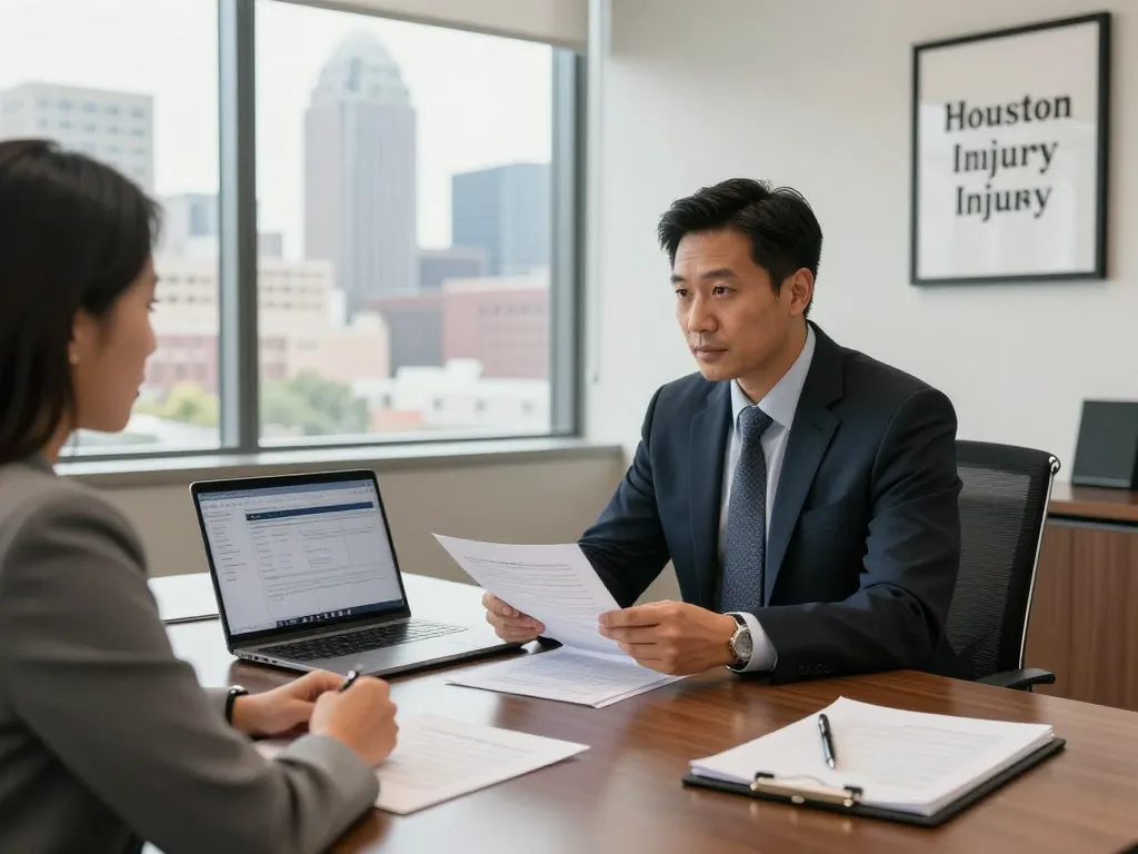 Houston Injury Attorney providing legal consultation to a client in a professional office setting.