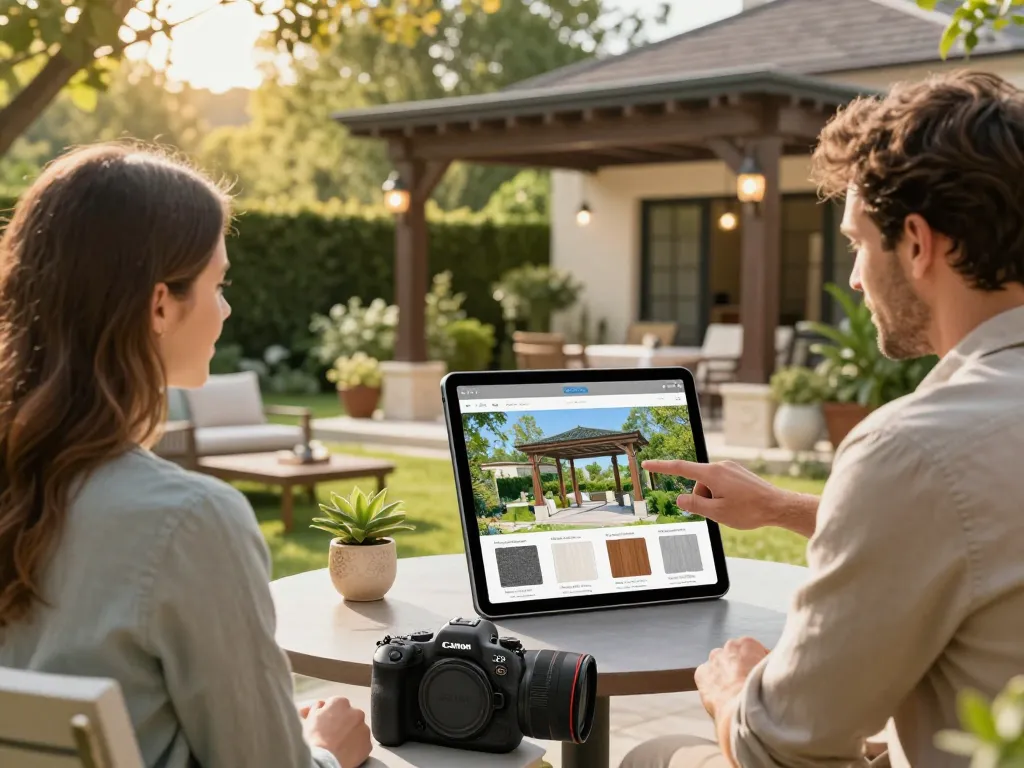 Engaging presentation of All-in-One pergola Configurator in a beautiful outdoor garden setting.