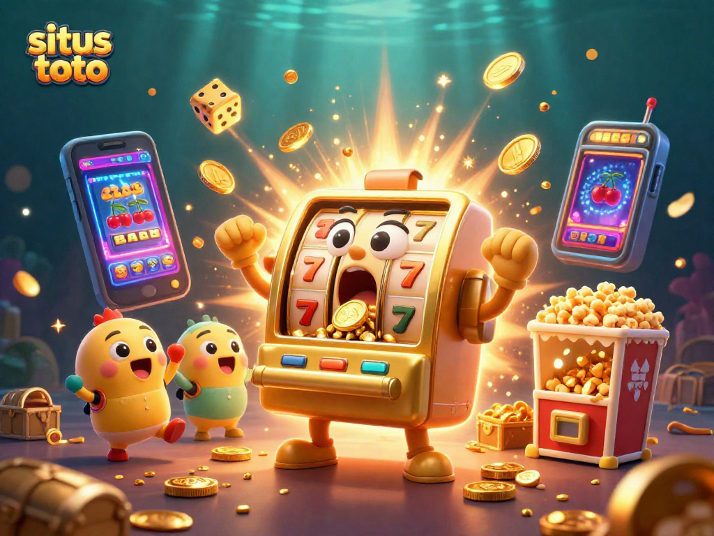 Situs toto dengan mesin slot emas yang memicu jackpot, dikelilingi koin emas dan simbol BAR.