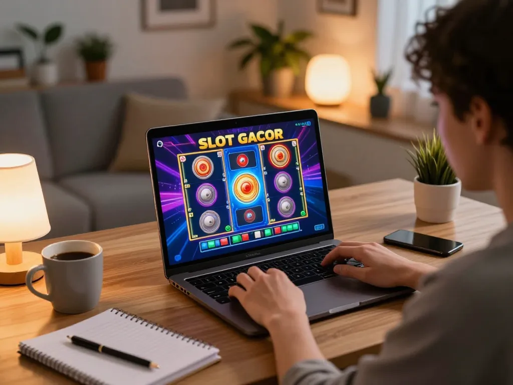 Experience Slot Gacor Dewagg in a home gaming setup, enjoying vibrant online slots