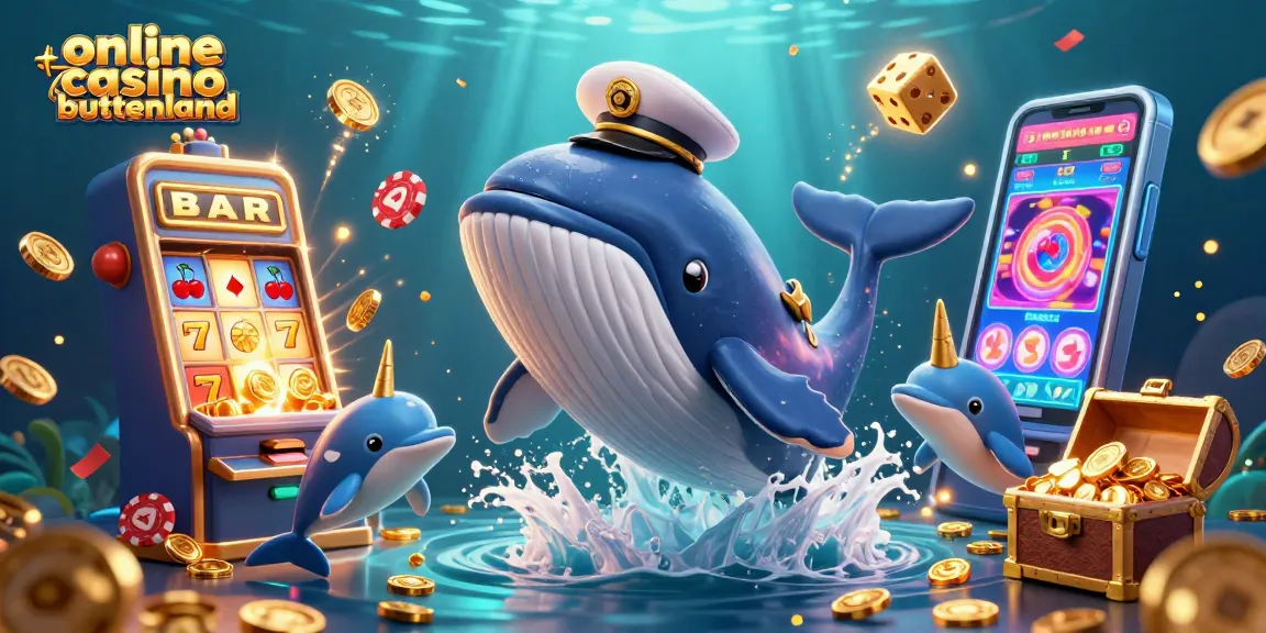 Engage with online casino buitenland featuring a whale and dolphins amidst casino symbols and treasures.