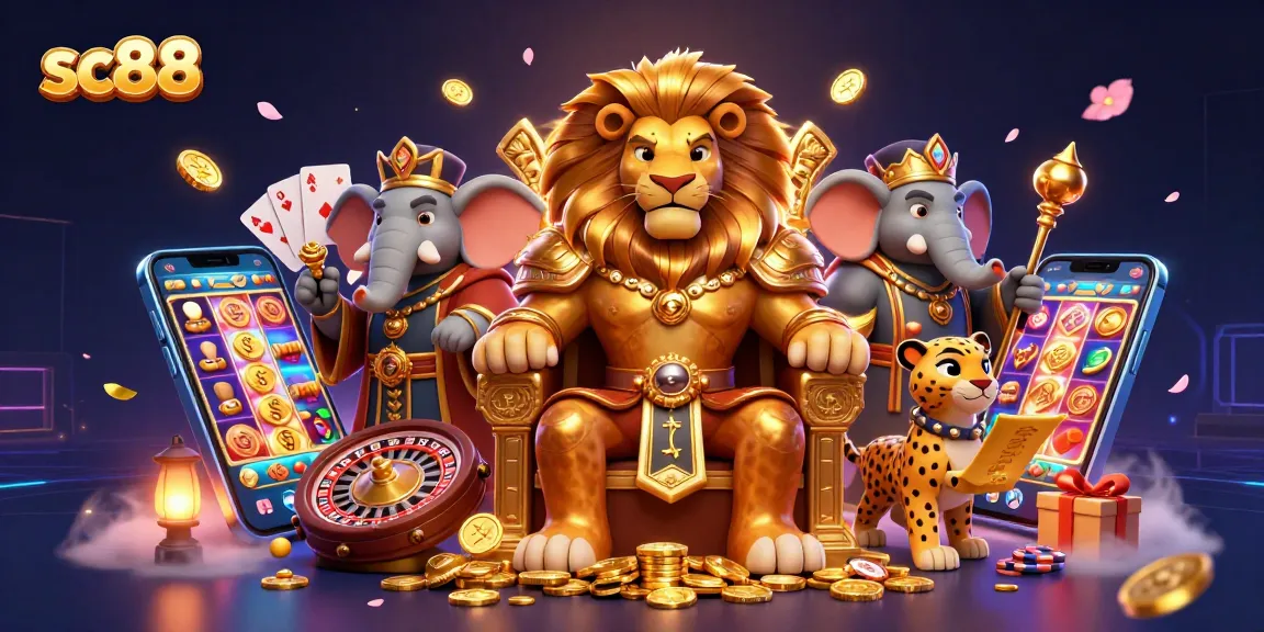 Engage with sc88's thrilling gaming experience featuring a lion, elephant, and cheetah amidst rich casino elements.