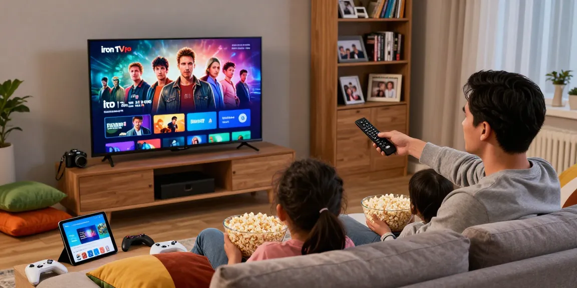 Family enjoying a movie night with Iron TV Pro streaming on smart TV in a cozy living room.
