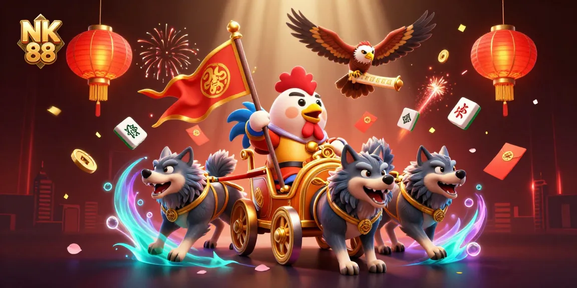 Engage in thrilling action at NK 88's casino with a cartoon rooster warlord leading a vibrant scene.