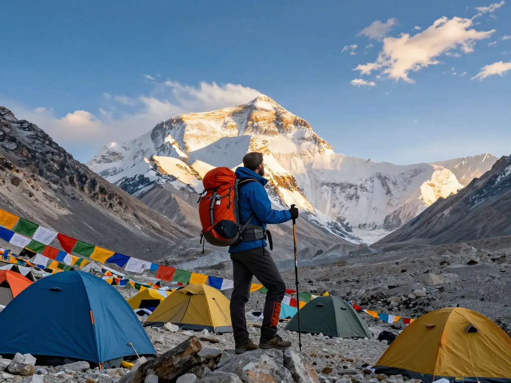 Adventurer at Everest Base Camp enjoying breathtaking sunrise views.