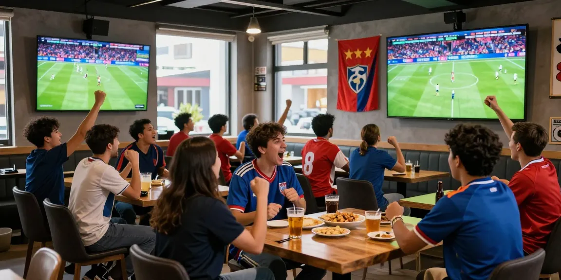 Excited fans enjoying koora live football matches in a vibrant sports lounge.