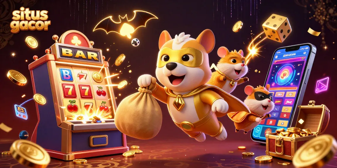 Gambarkan situs gacor dengan anjing superhero terbang yang membawa koin emas dan simbol chip poker.