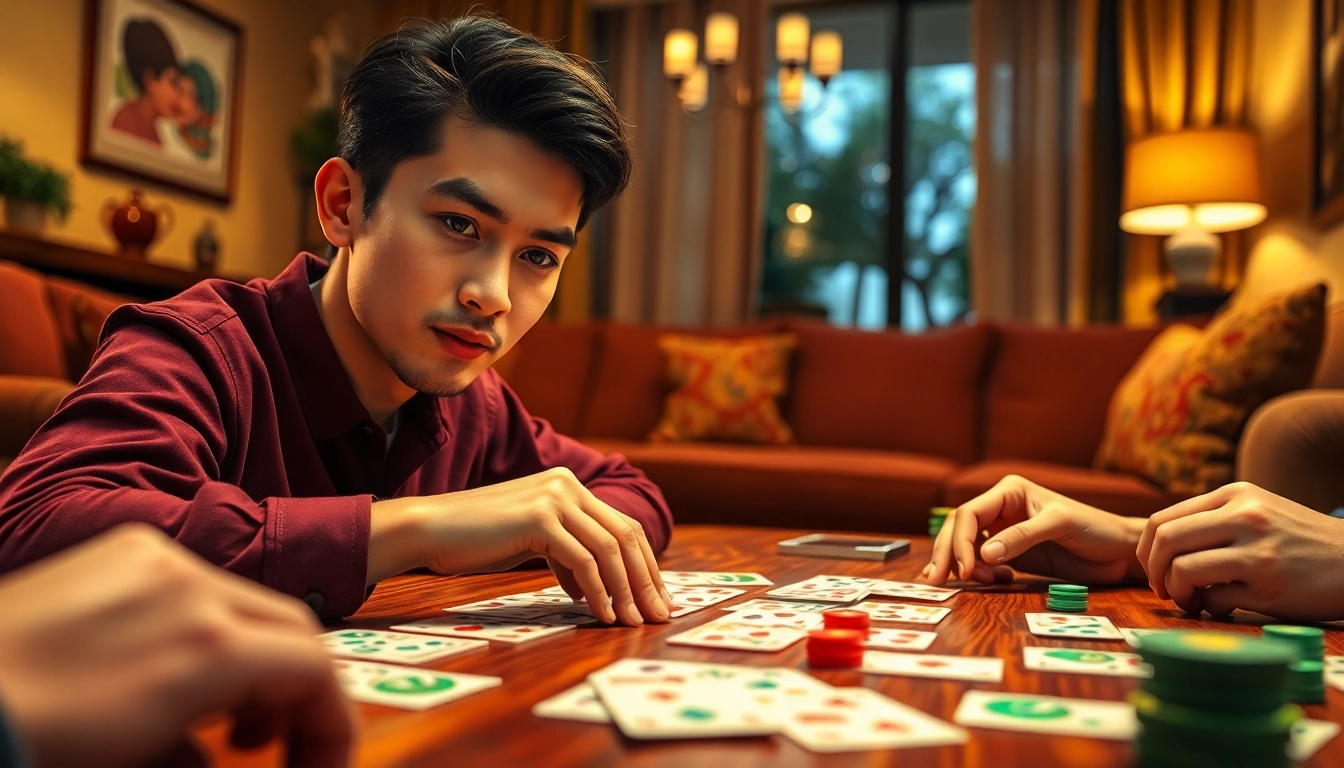 Engaging player immersed in yono rummy, showcasing vivid cards in a cozy setting.